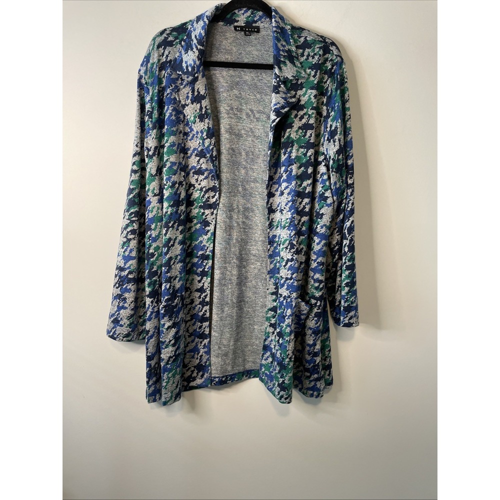 N Touch Size XL Blue Green Abstract Open Front Cardigan Duster Pockets